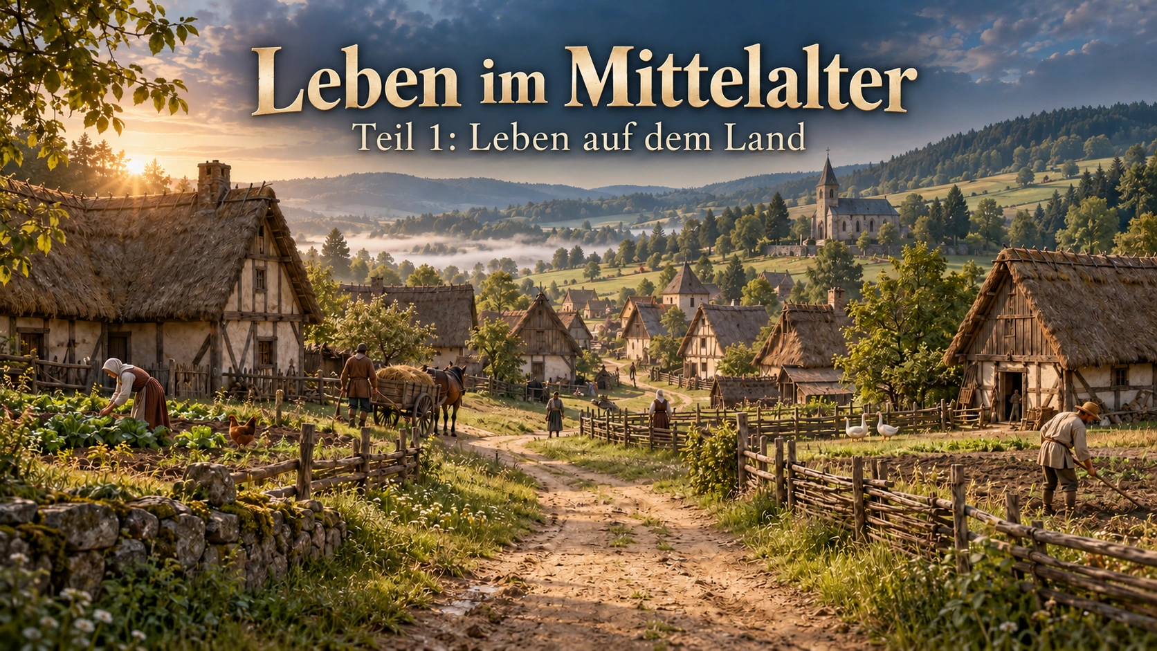 Leben im Mittelalter – Teil 1: Leben auf dem Land. Ein mittelalterliches Dorf mit Bauernhäusern, Feldern und Menschen bei der Arbeit.
